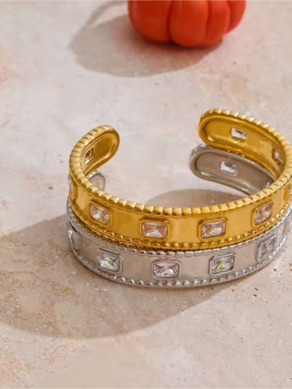 Gold and Silver color Crystal-Set Open Cuff Bracelets. Pair.